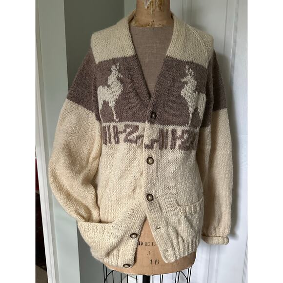 Vintage cowichan cardigan sweater wool Reindeer Tan/Cream/Brown natural undyed - Picture 3 of 9